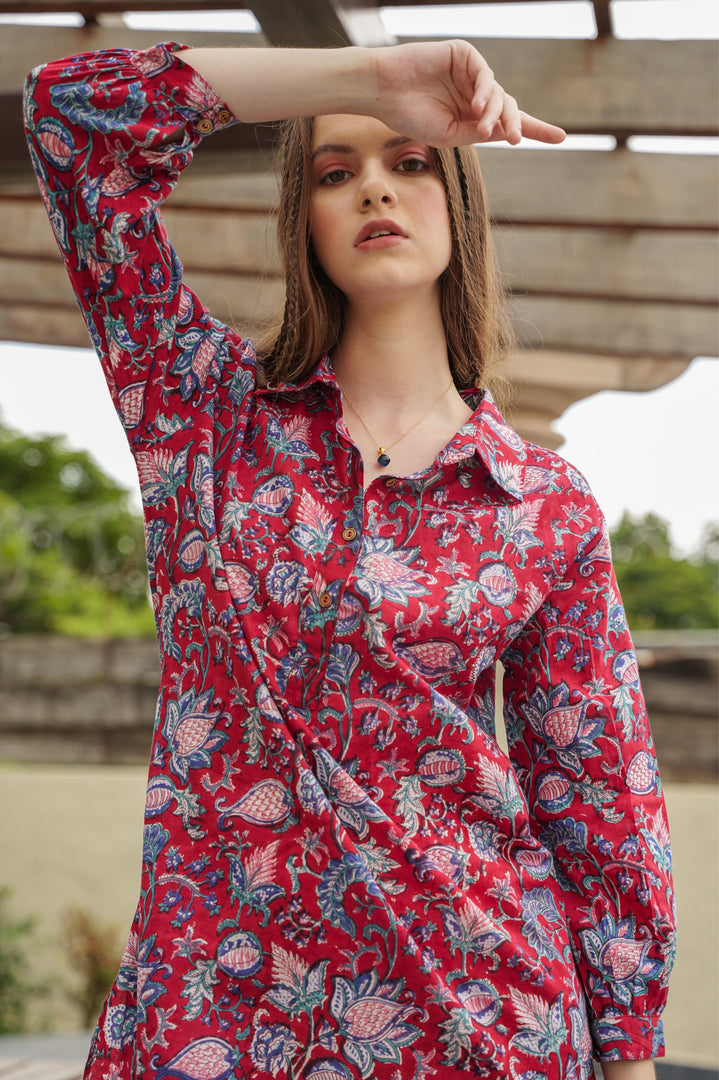 Red Blooms Shirt Dress - MODERN BLUE